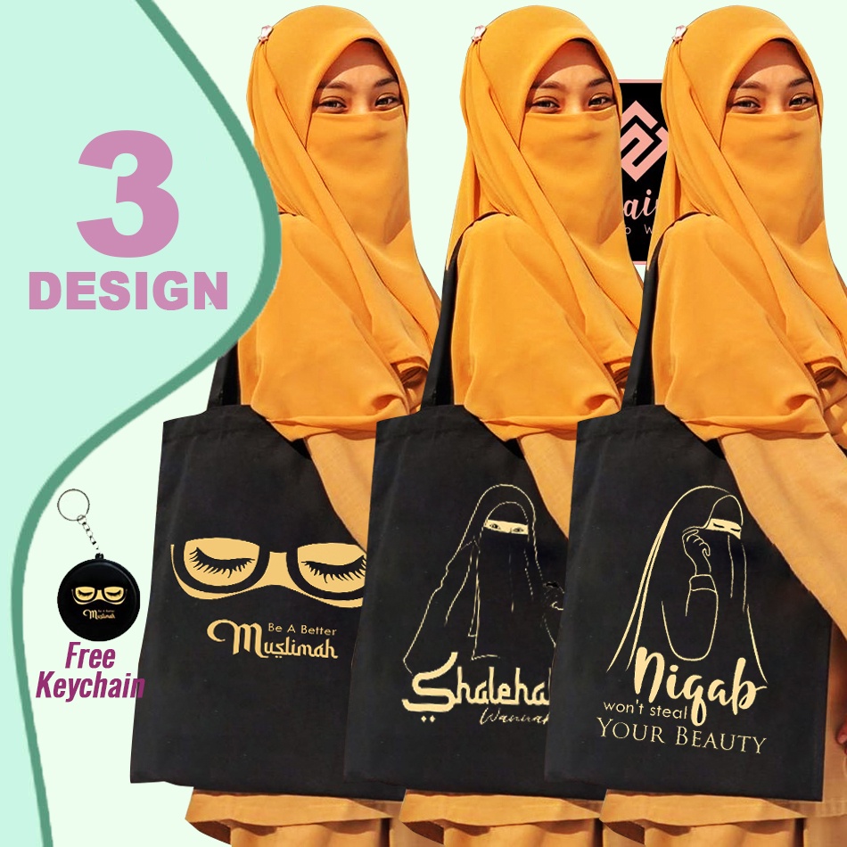 Tas Tote Bag Muslimah Wanita Totebag Resleting Gambar Bercadar Tas Hijrah Islami Hijaber