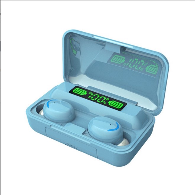 Headset Bluetooth Bass HiFi Stereo Sound with Powerbank F9-5 TWS Noise Reduction Earphone Wireless IPX7 Waterproof Headphone Henset Bloetooth with Microphone Sport Handset Gaming Hedset Handsfree Earbuds Hendset Hanset Hetset Heandset Android-Biru