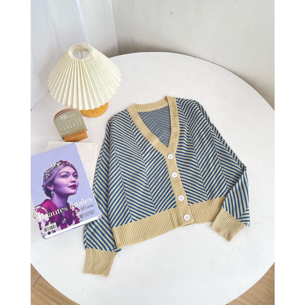 Lidi Cardigan Rajut Wanita Salur Crop | Kardigan Rajut Wanita Motif Garis Garis  Belang | ATASAN RAJ