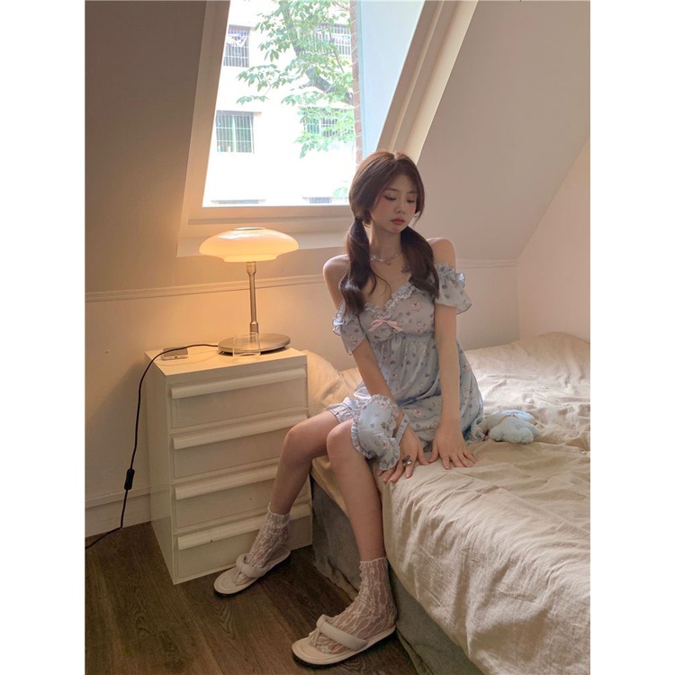Dengan dada pad baju tidur gadis-gadis musim panas rumah lucu memakai temperamen nyaman bagian tipis