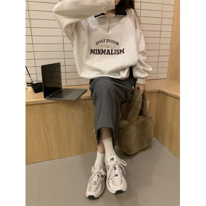 ✾2022 Musim Gugur dan Musim Dingin Baru Gaya Amerika Retro Sweater Wanita Inspolo Ritsleting Cetak Huruf Longgar Pullover Top Tide