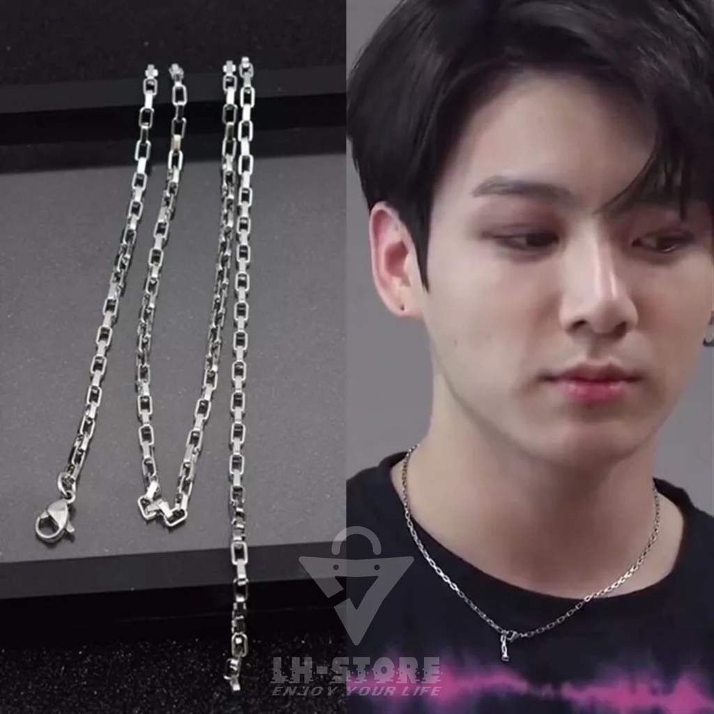 Kalung Titanium Pria/Wanita Berlapis Perak Rantai Persegi Gaya Korea Jungkook Hip-Hop Choker Terbaru Anti Karat Tidak Luntur
