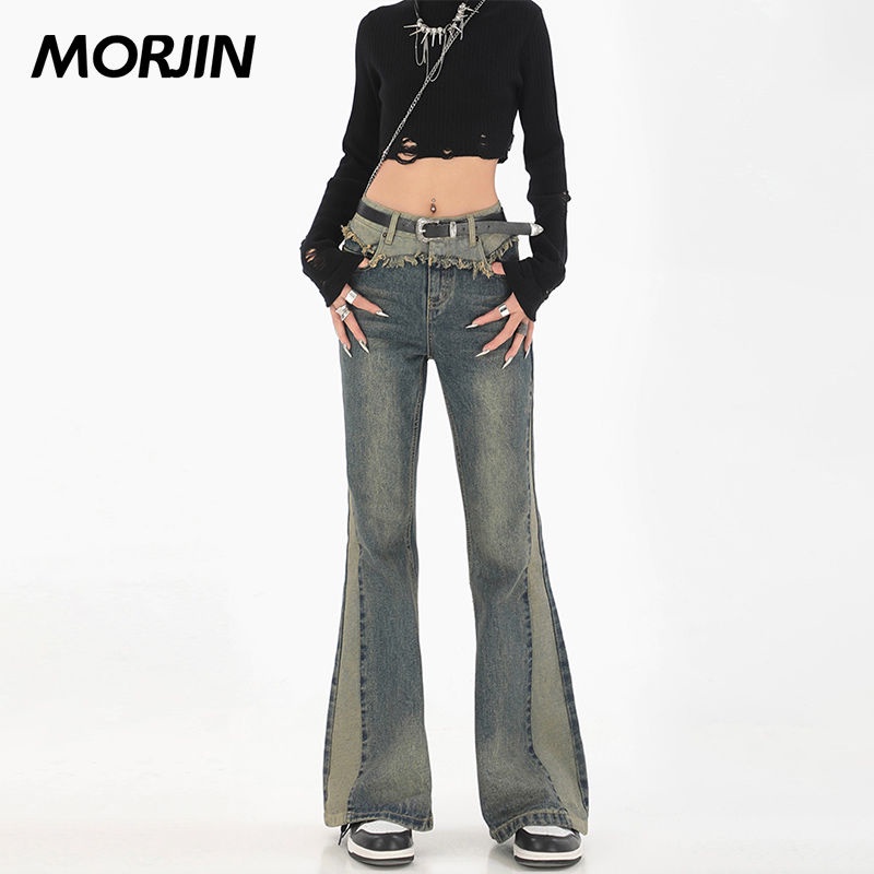 ㍿๑MORJIN Amerika retro jahitan micro-flared jeans wanita musim gugur dan musim dingin high street rasa desain raw edge mengepel celana