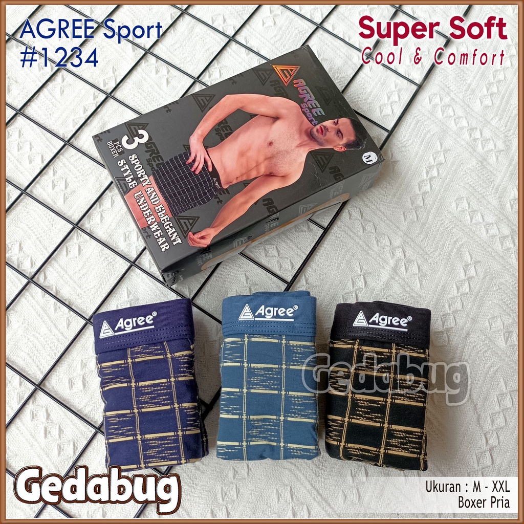 [ 3pc ] CD BOXER AGREE 1234 | Celana dalam pria boxer Agree Sport Anti bacterial Cotton | Gedabug