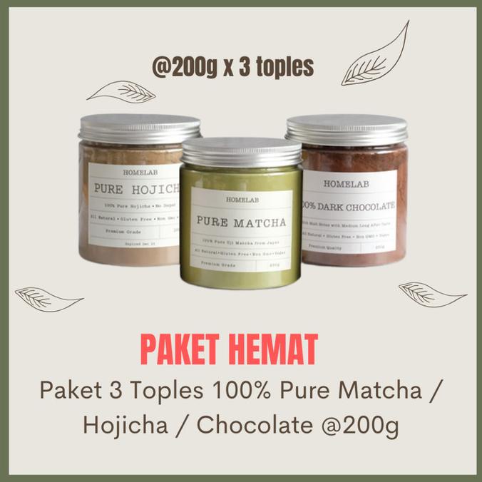 

BIG SALE PAKET 200G - 100% PURE UJI MATCHA, PURE HOJICHA & 100% DARK CHOCOLATE DISCOUNT