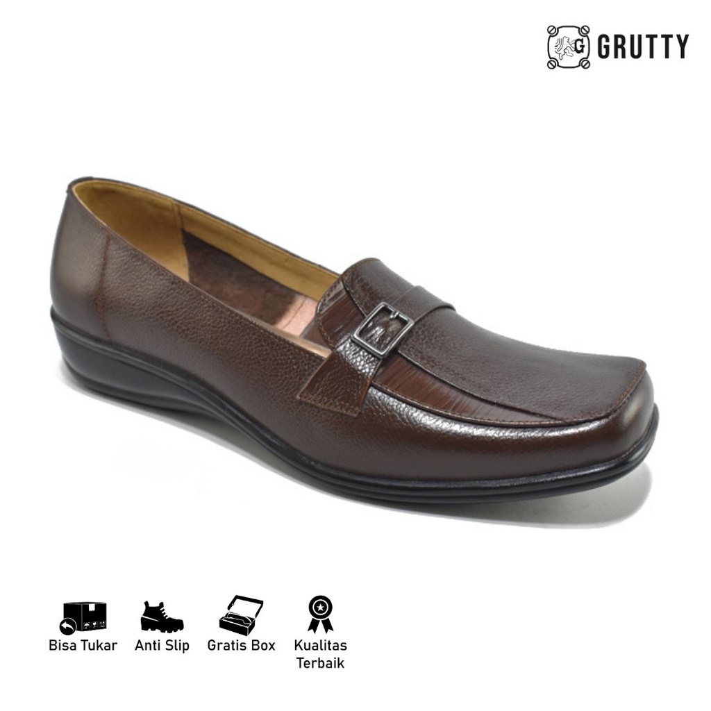 Sepatu Wanita Pantofel Kerja Model Flat Shoes  Kulit Grutty Coklat