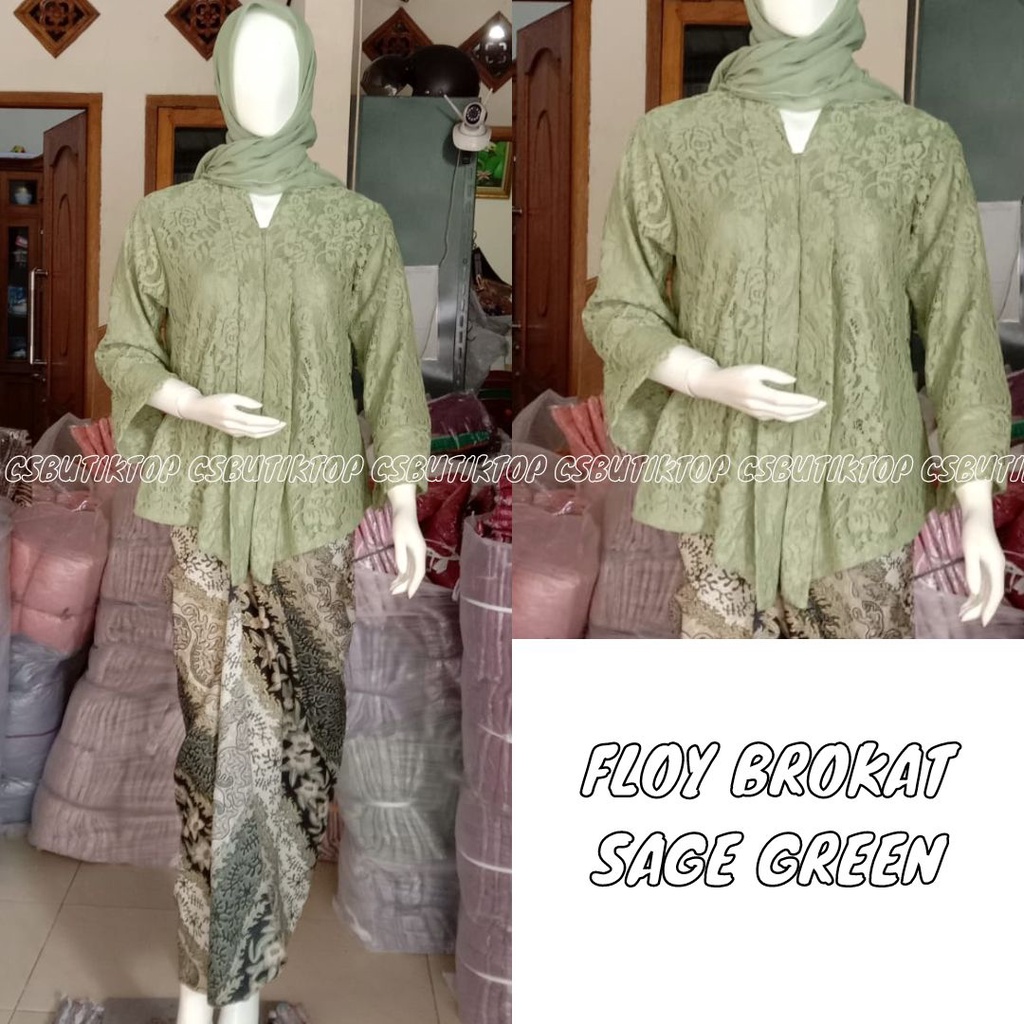 Setelan Kebaya Modern Kutubaru Floy Brokat Sage Green Dan Bawahan Batik Kebaya