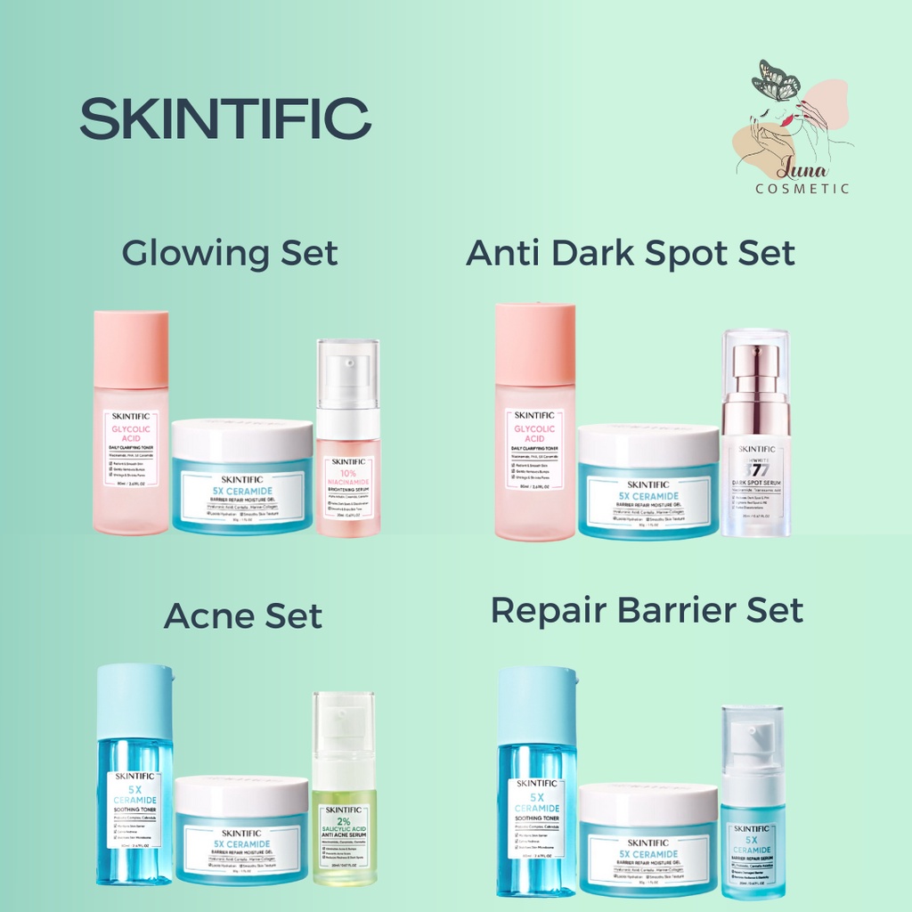 SKINTIFIC Paket Skincare SET | Glycolic Acid Toner | Moisturizer 5x Ceramide | 10% Niacinamide Serum | Salicylic acid 2% | Soothing Toner | Barrier Serum | Skintific