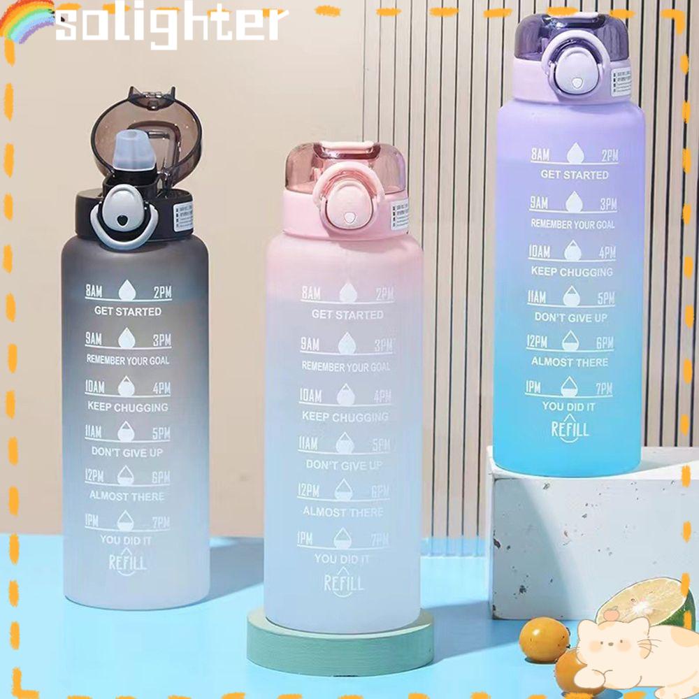 Solighter Water Bottle Botol Air Olahraga Outdoor Motivasi Dengan Sedotan Fitness Dengan Skala Waktu