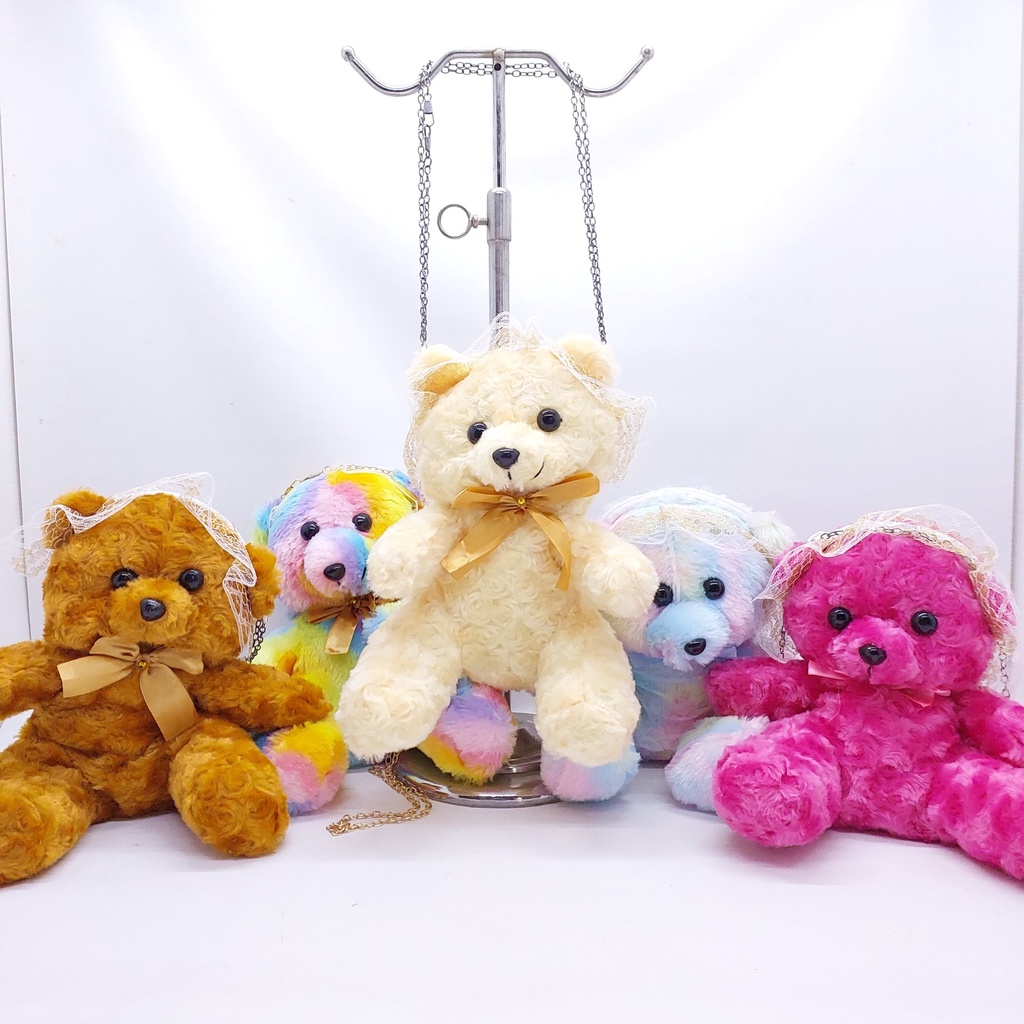 SELEMPANG BONEKA BULU TALI RANTAI / TAS TEDDY BEAR WARNA WARNI / RANSEL ANAK KUCING BULU COLORFUL RAINBOW PELANGI / BONEKA FULL BODDY KECIL