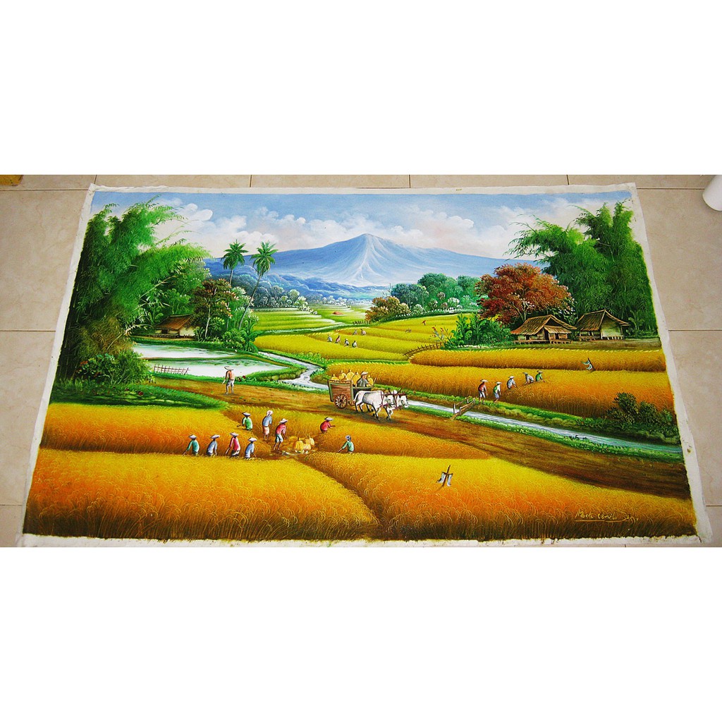 Lukisan Panen Raya Dengan Pemandangan Sawah Yang Luas Ukuran 60x120cm