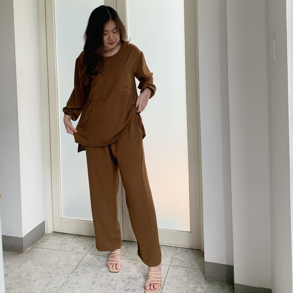 AVE Set Cey crinkle double pocket lengan panjang