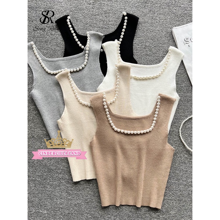(PO) CINDERCILLA LAND FASHION PREMIUM / SINGREINY Beading French Style Women Camisole Summer 2022 Solid Knit Y2K Square Neck Tank Top Party Chic Sexy Solid Strap Top