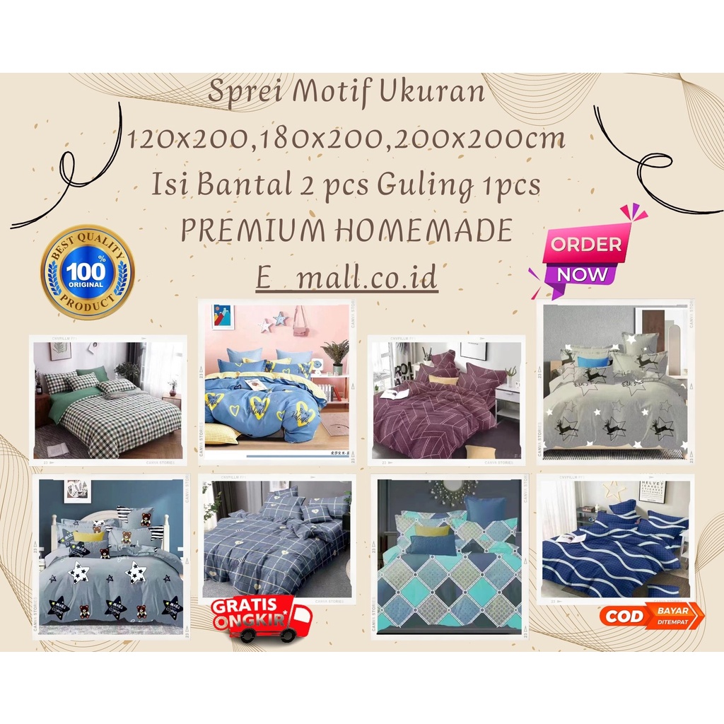 Sprei Motif Dewasa ukuran 120x200, 180x200, 200x200cm Isi Sarung Bantal 2pcs Guling 1pcs, PREMIUM TERMURAH