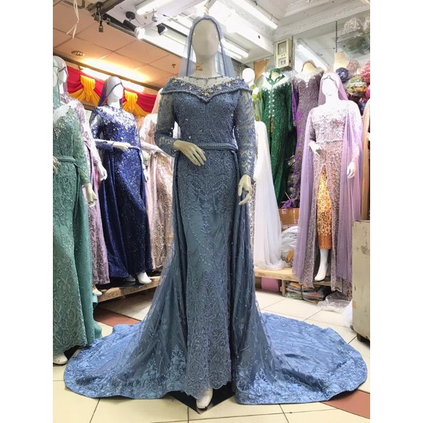 Gaun Pengantin Slim Biru Denim Full Payet