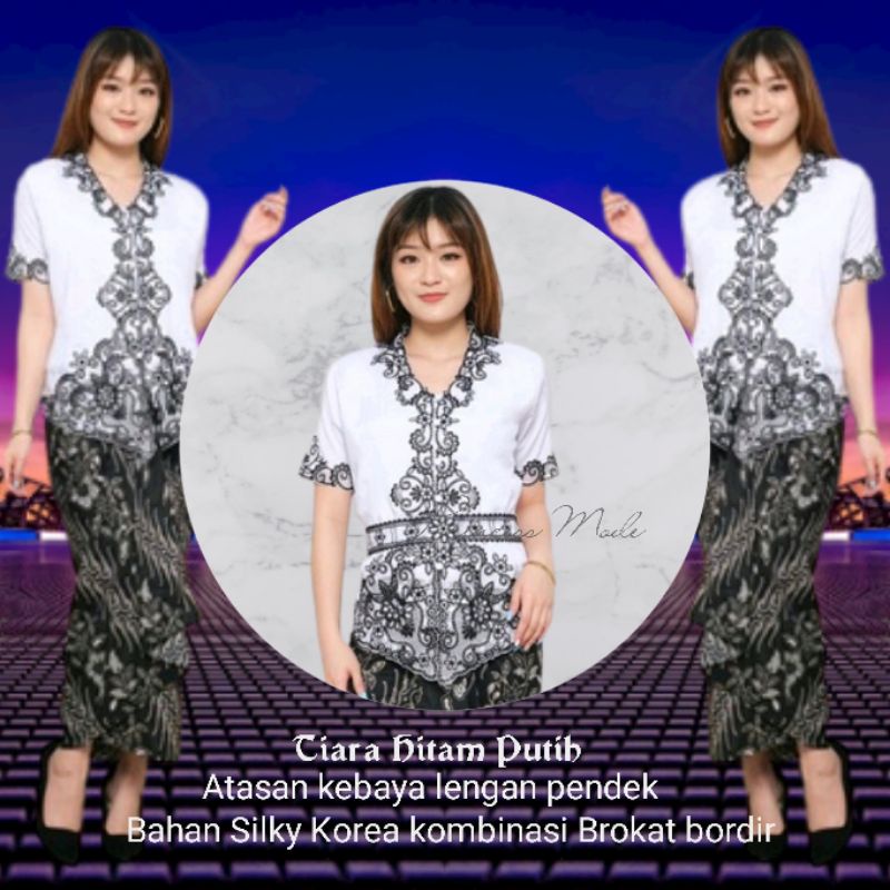 Atasan Kebaya Encim Bali Senada Modern Putih Lengan Pendek Brukat Bordir