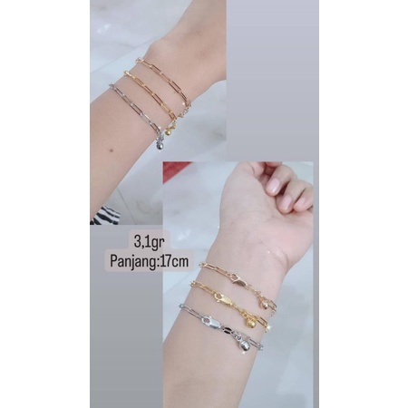 gelang rantai paperclip sedang + 1 bel / gelang perak asli silver 925 lapis emas/ gelang fashion wanita terbaru