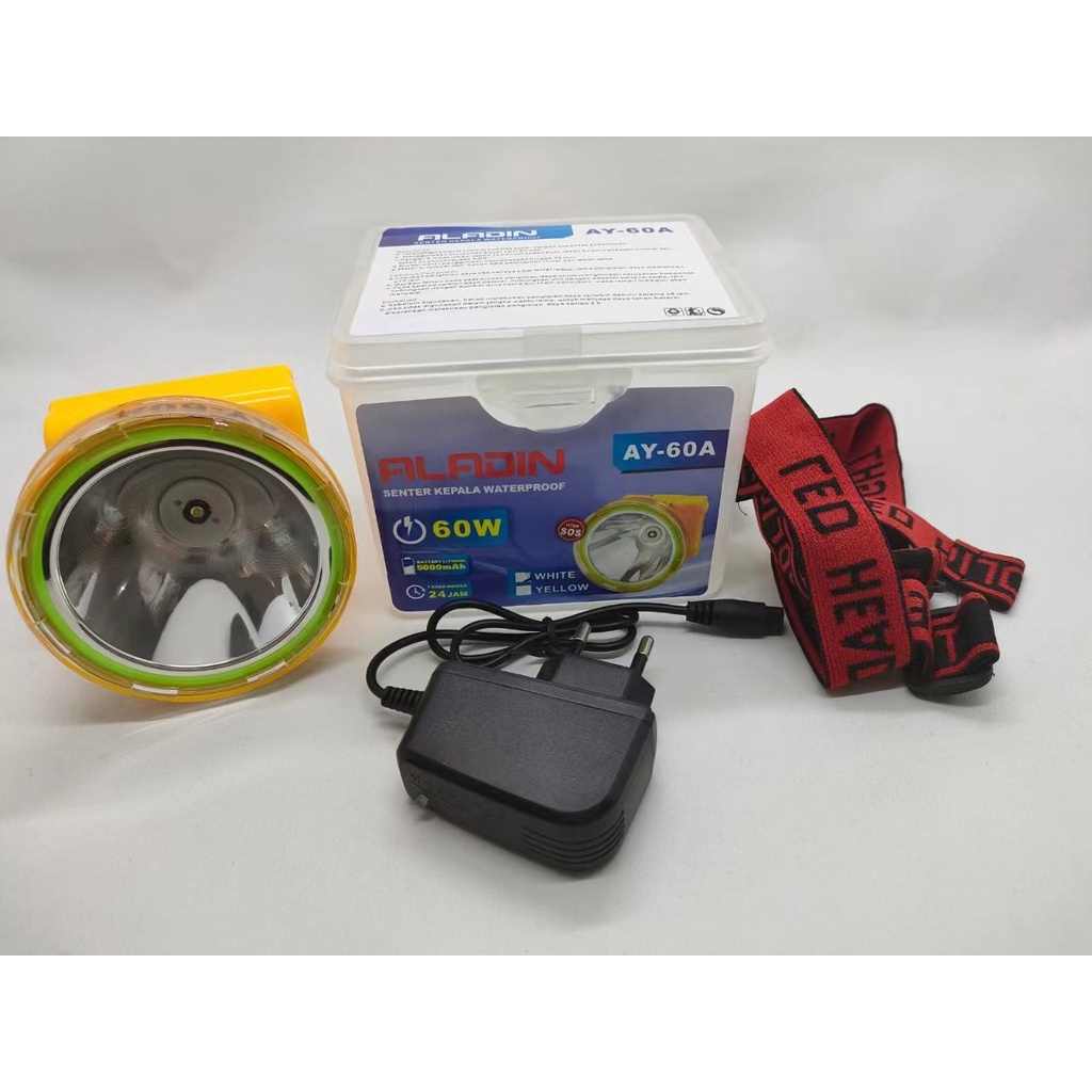 【COD】ALADIN 2600 MAH Senter Kepala Super Terang LED / Senter Led Kepala Headlamp Charge 60W /Putih + Lampu Bohlam