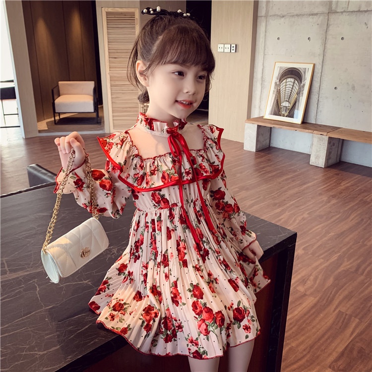 Dress Anak Perempuan Import Plisket Motif Bunga Merah