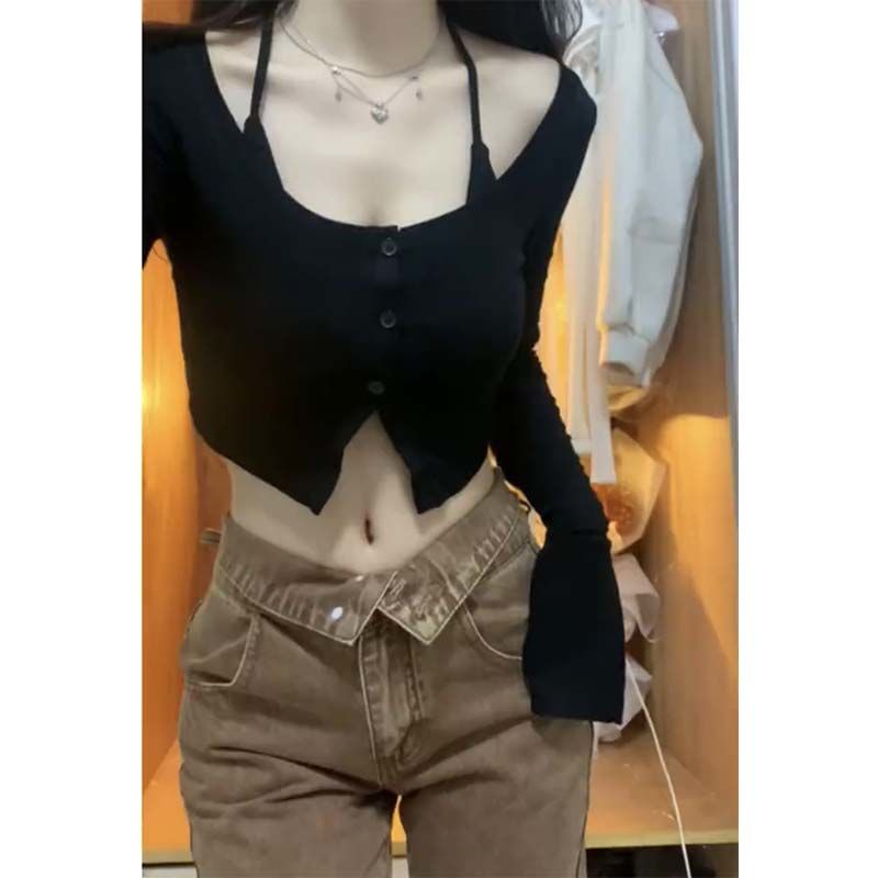 Red Hitam Menggantung Leher Dua Potong T-shirt Cardigan Pendek Wanita Musim Gugur dan Musim Dingin Gadis Panas Slim Fit Rasa Niche bottoming Kemeja