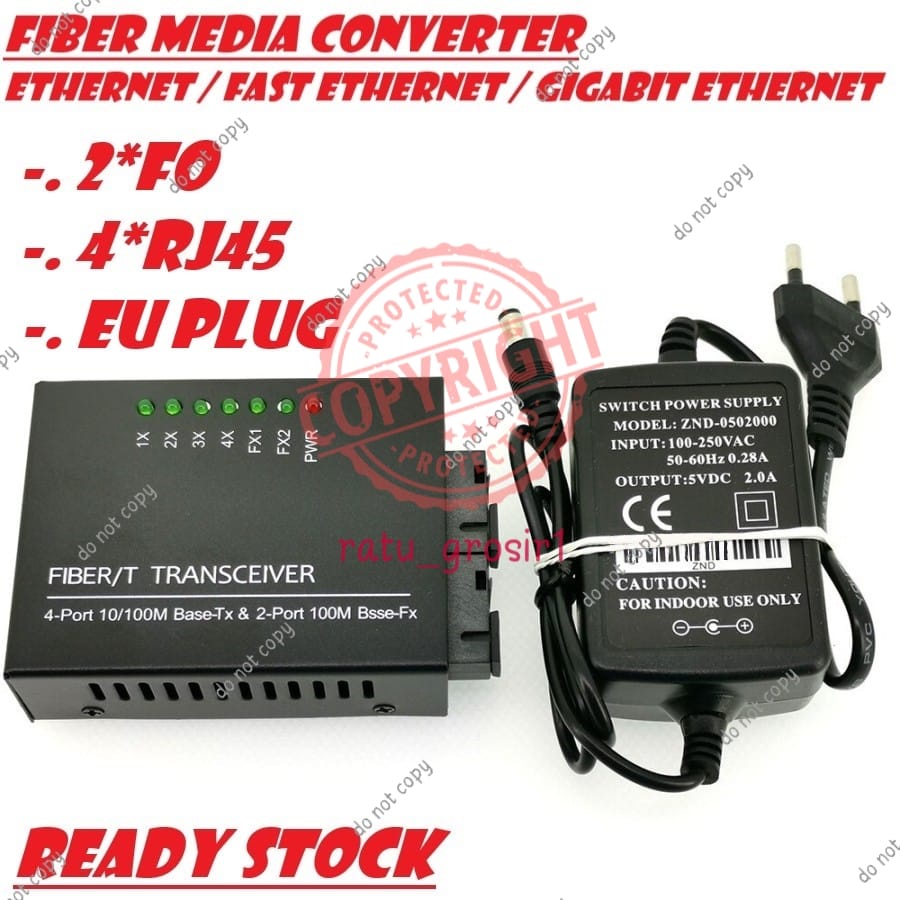 Media Converter 2 Port 2 Fiber SC A &amp; B 4 RJ45 Fiber Optic 10/100 Mbps