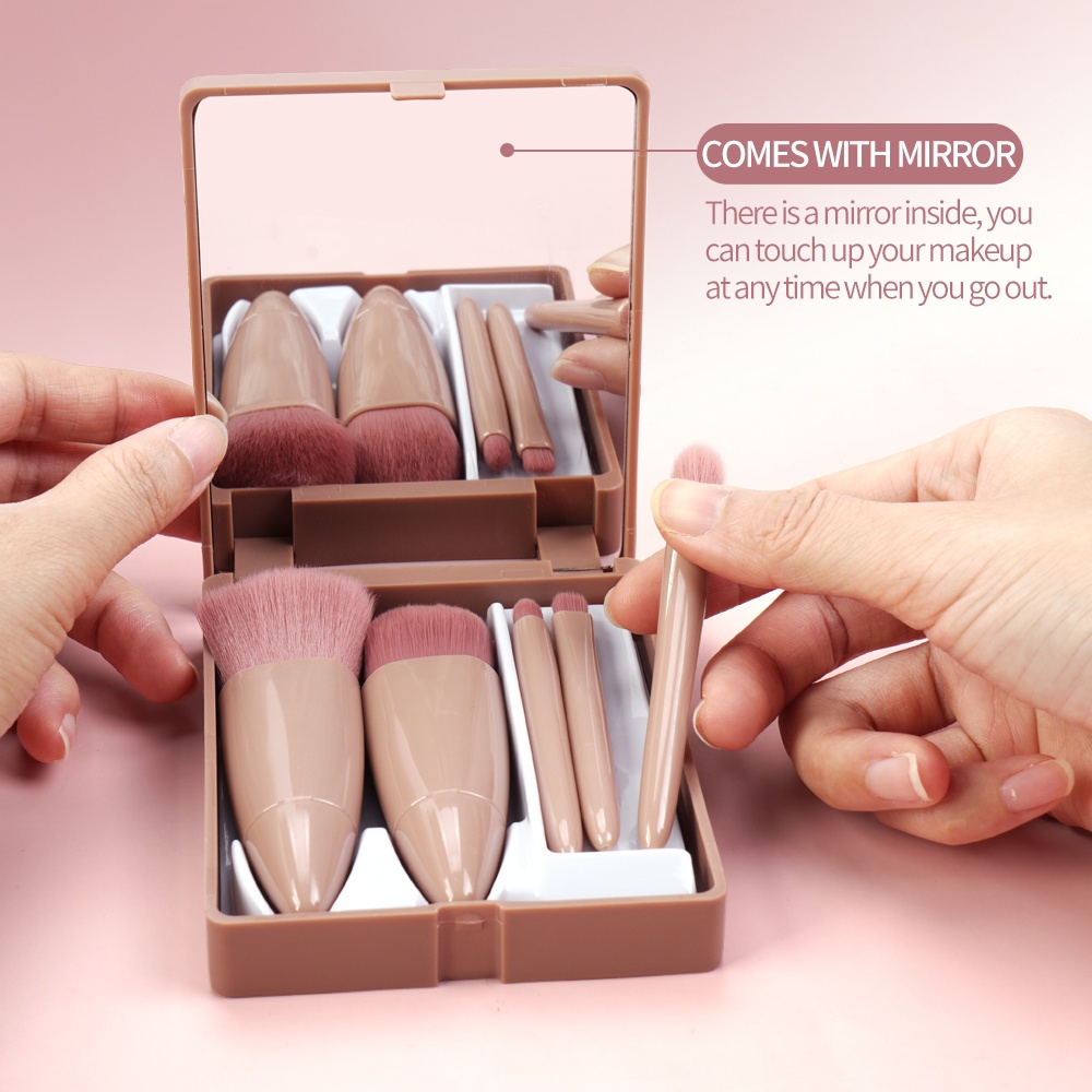 MAANGE Set Kuas Makeup 6 In 1 Dengan Cermin Built-in Kit Kuas Rias Bedak Cermin Brush Shaow Mata Traval Kit Alat Make Up Kecantikan 1232