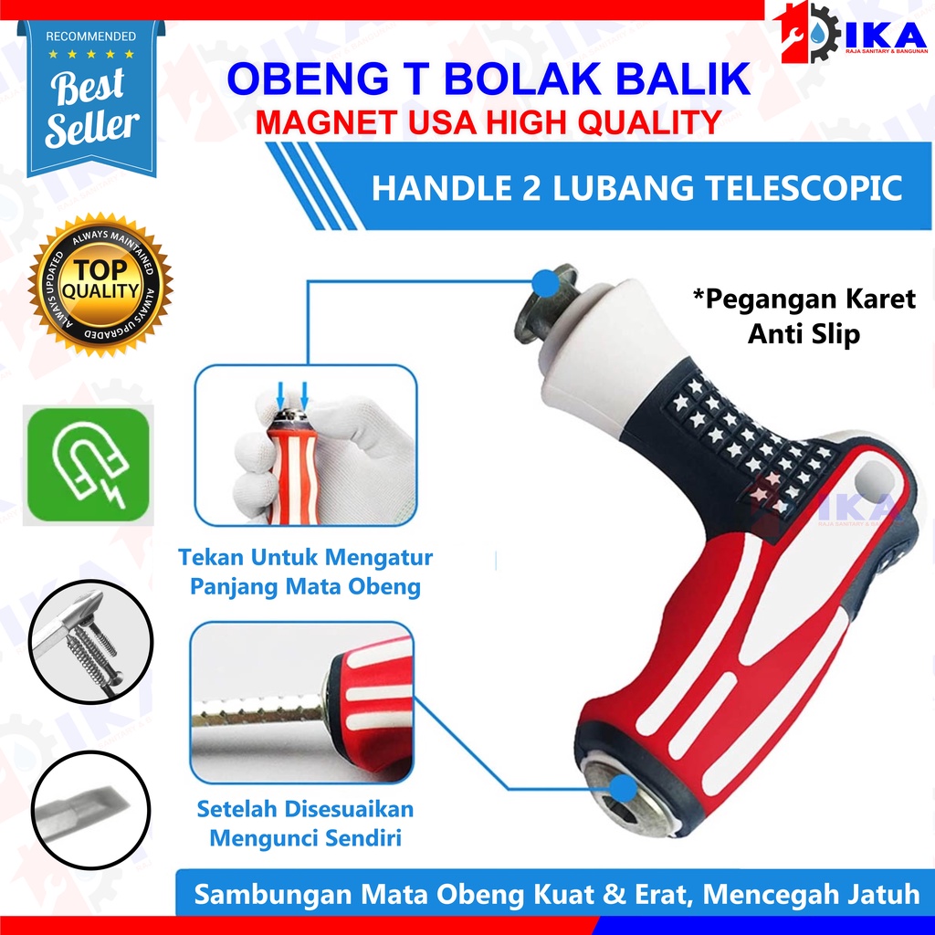 Obeng T Setir Bolak Balik 2IN1 MOTIF AMERICA USA  Kombinasi Min Minus Plus Screwdriver Multifungsi Magnet Karet