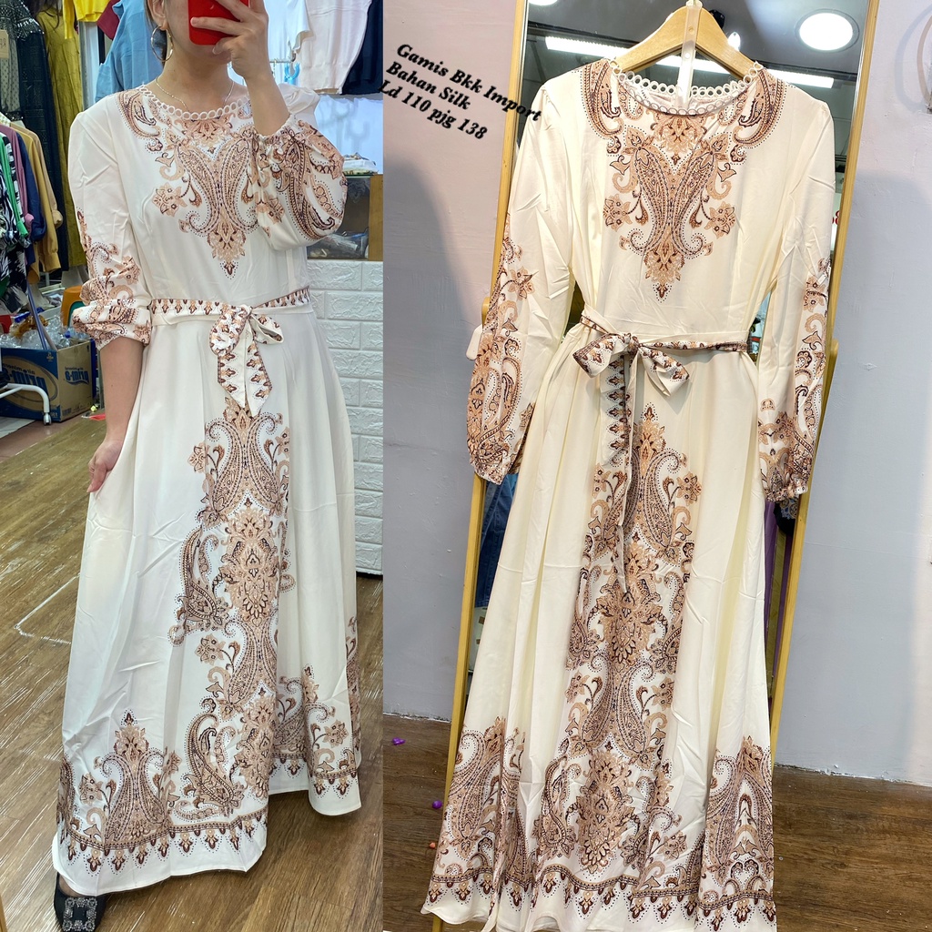 Gamis Bangkok Katun Silk Import Long Dress Maxi Lengan Panjang