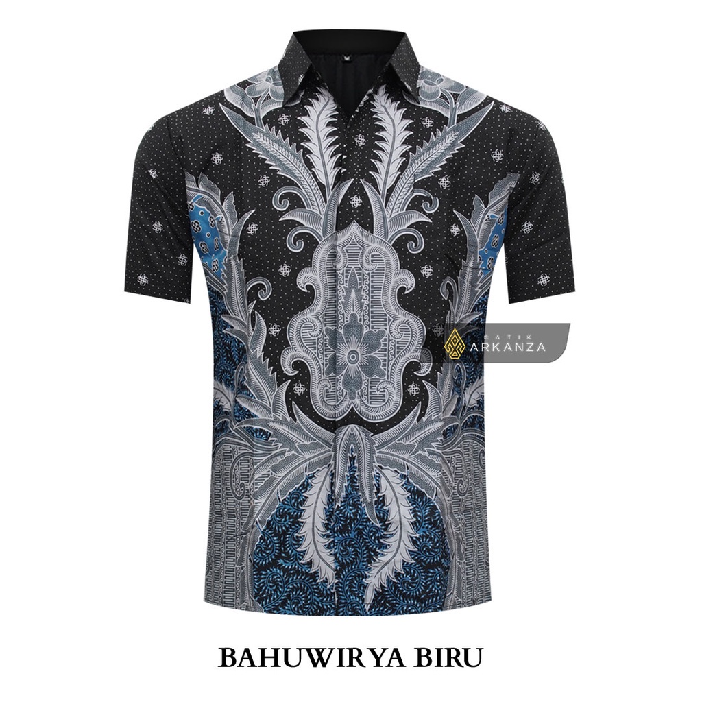 BATIK ARKANZA Motif BAHUWIRYA BIRU Hem Atasan Kemeja Baju Batik Pria Cowok Laki Laki Slimfit Full Lapis Furing Lengan Panjang Lengan Pendek Original Asli Gudang Batik Arkanza