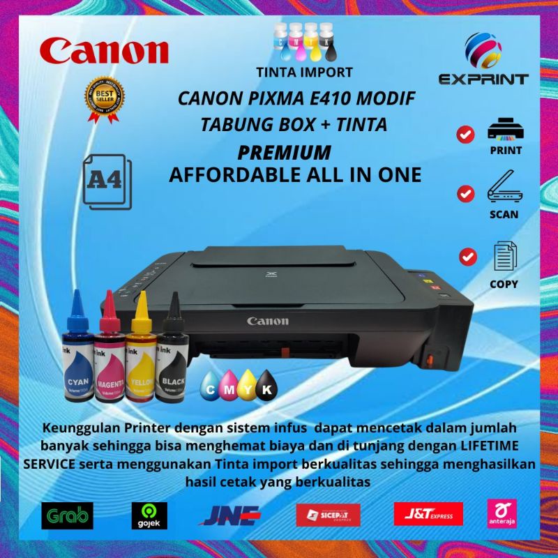 Printer Canon Pixma E410 Print Scan Copy Infus Tabung Box+Tinta Premium Import