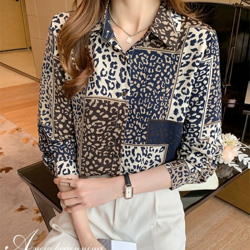 5852 Atasan Baju blus blouse kemeja lengan panjang motif mewah simpel elegan kerja kantor kerah kanc