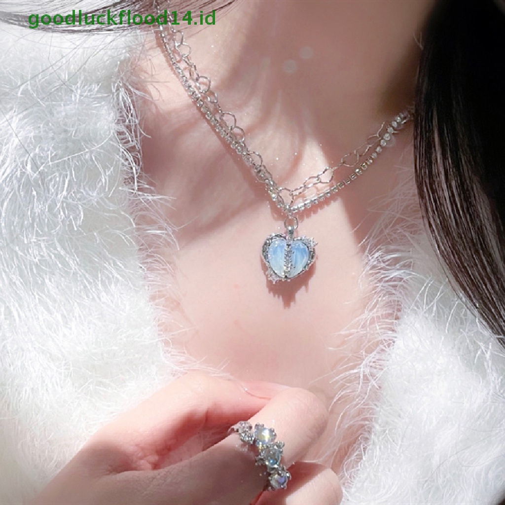 [GOOGFOUR] Korea Fashion Split Hati Liontin Kalung Opal Logam Warna Silver Mutiara Multi-Lapis Untuk Wanita Trendi Elegan Perhiasan Hadiah [TOP]