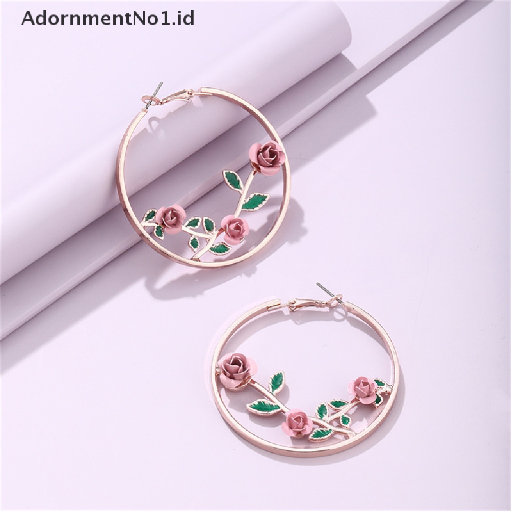 [AdornmentNo1] Wanita Bunga Hoop Anting Mawar Berongga Anting Berlebihan Bulat Perhiasan Fashion [ID]