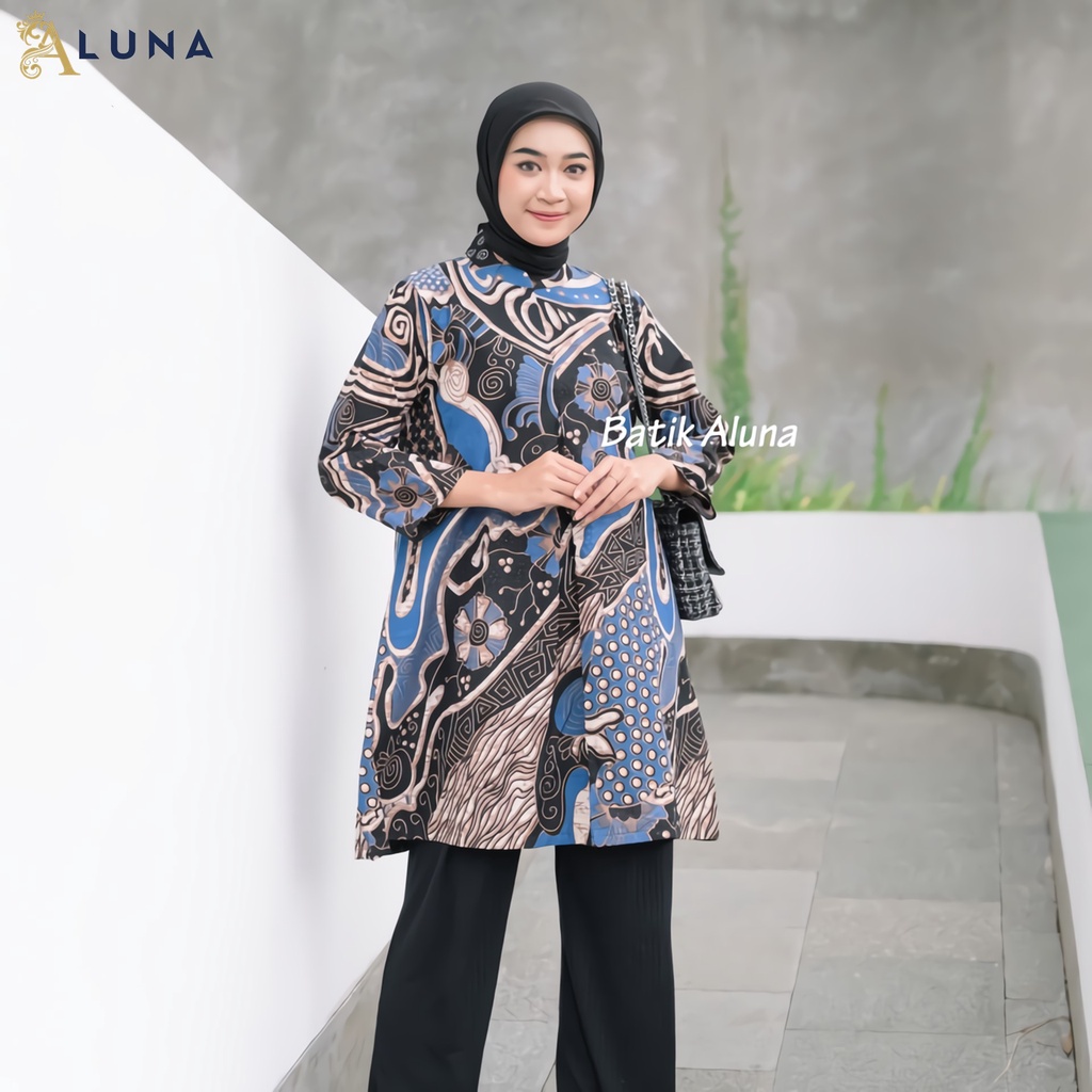 Atasan Batik Wanita Tunik Lengan Panjang Katun Lapis Trikot Premium Modern Original Model Resleting Belakang Batik Kerja Kantor Kondangan Size M L XL XXL 022