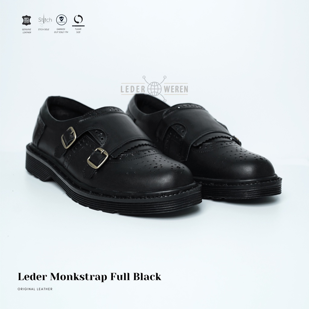 	 Lederweren - Leder Monkstrap Full Black - Sepatu Kulit Pria Loafer - Sepatu Formal Pria Black Edition	