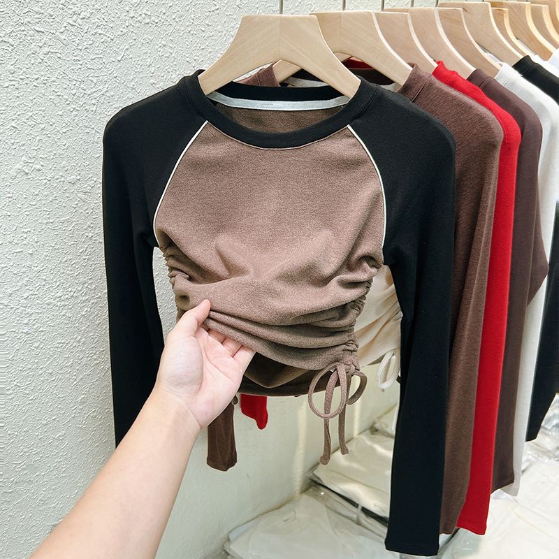 Red Musim Semi dan Musim Gugur Lengan Panjang T-shirt Wanita Versi Korea Baru dari In Asing Gaya Tipis Slim Bagian Dalam Kemeja desain Atasan Pendek