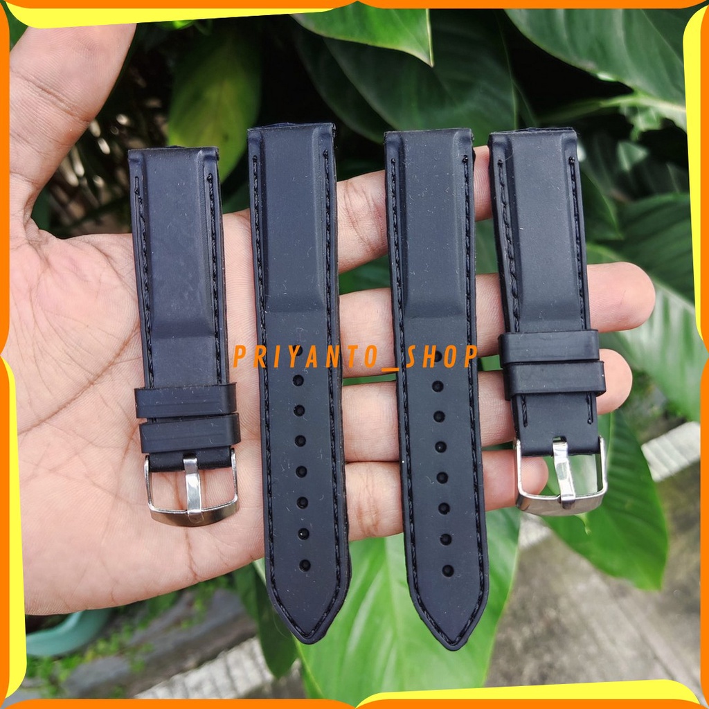 Strap Tali Jam Tangan Karet 20mm 22mm 24mm Rubber Jahit Hitam