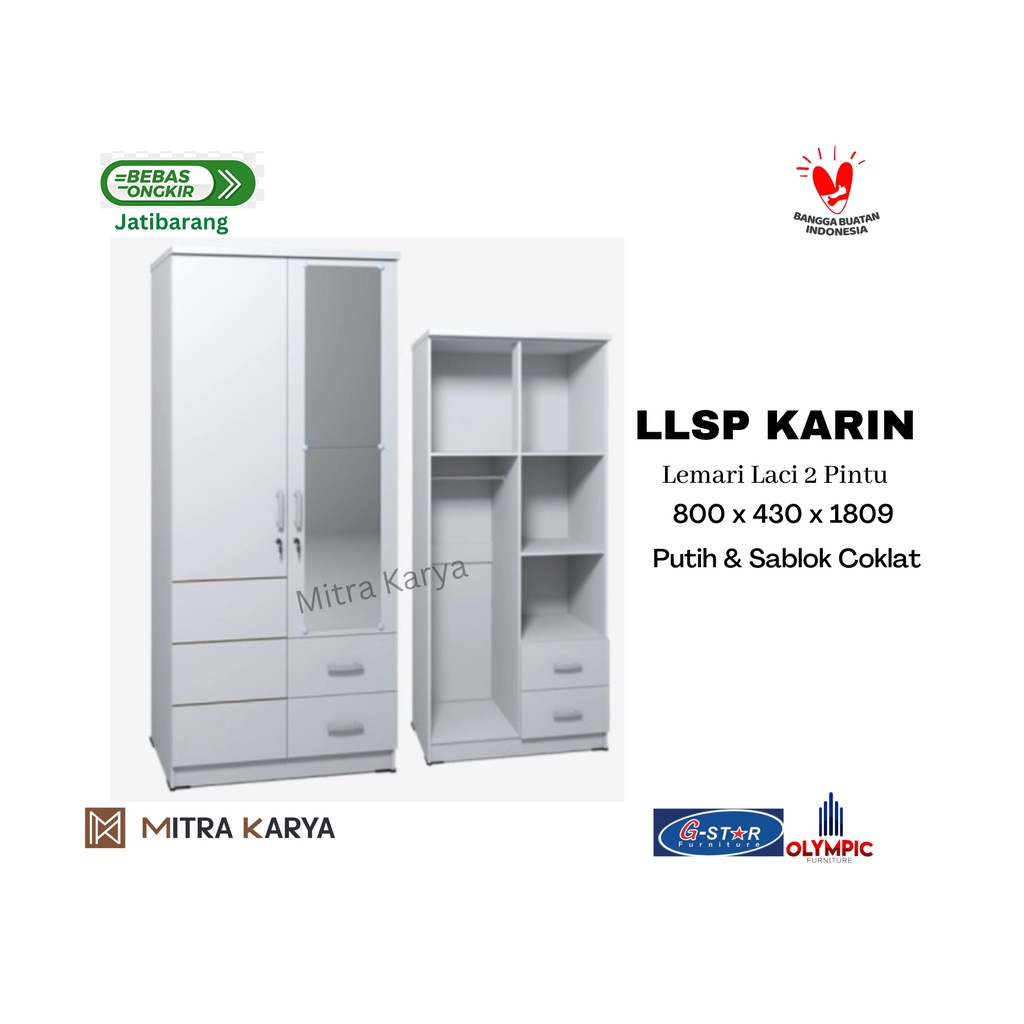 Lemari Pakaian Baju Kayu 2 pintu Full kaca + laci luar Olympic Gstar KARIN ARLIDA