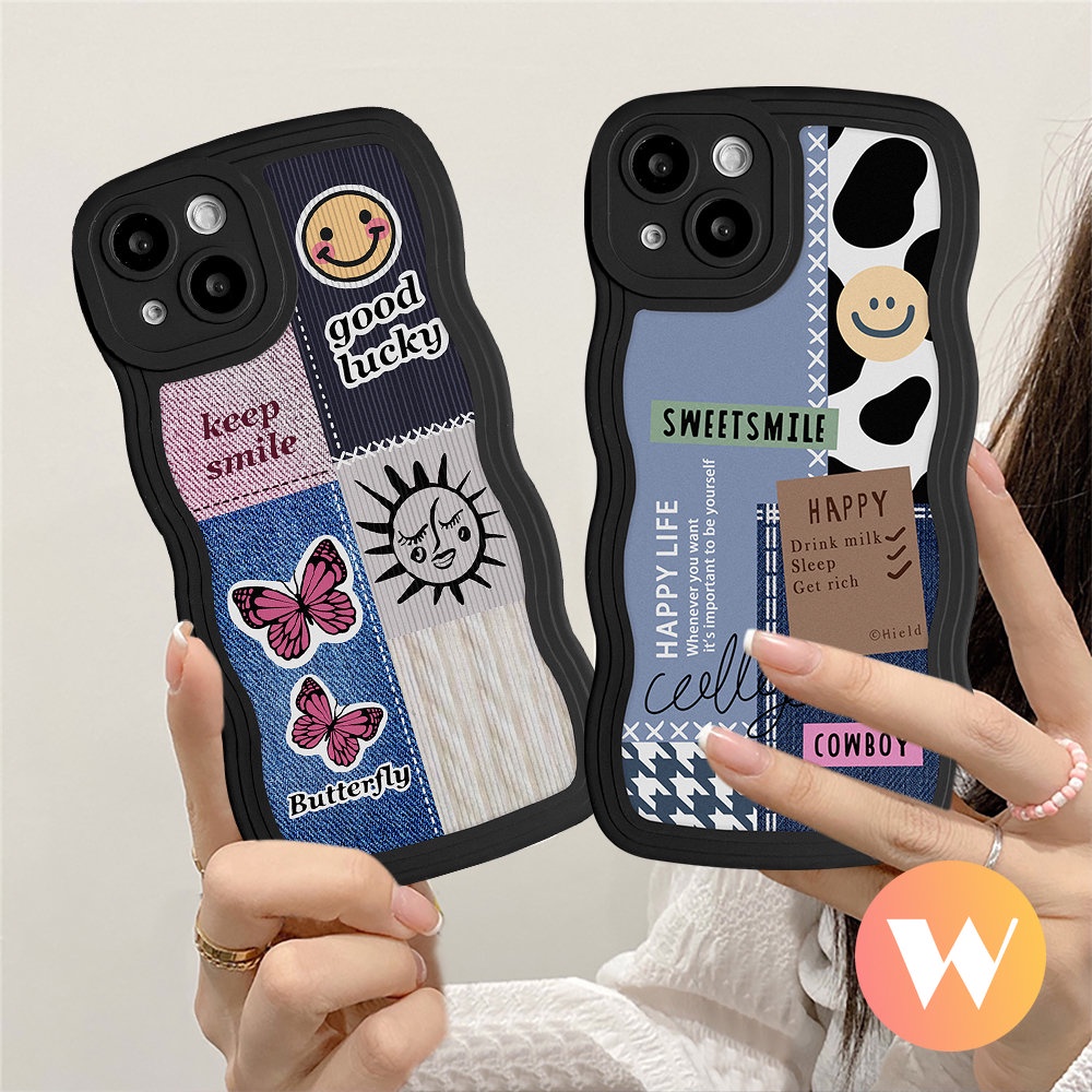 Casing Tpu Lembut Tepi Bergelombang Kompatibel Untuk iPhone 7Plus 11 13 12 14 Pro Max X XR XS Max 6s 6 8 7 14 Plus SE 2020 Tekstur Kupu-Kupu Smiley Pola Sambungan Penutup Belakang