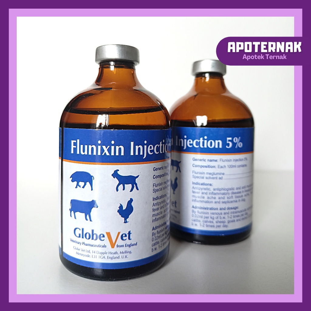 FLUNIXIN Injeksi 5% 100ml | obat hewan bengkak pincang obat Analgesik obat Anti Nyeri Anti Piretik obat anti meriang Anti Inflamasi anti Radang, Anti Racun | GLOBE VET