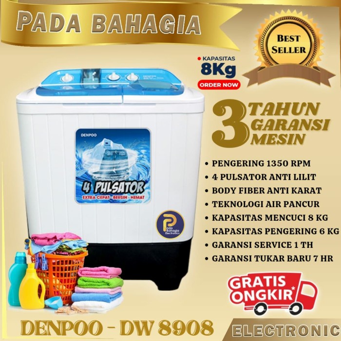 ✿ BISA COD✿ Mesin Cuci 2 Tabung 8 Kg DENPOO DW 8908 4 Pulsator