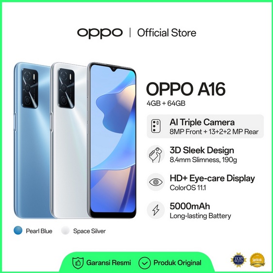 OPPO A16 ram 4/64 & 6/128 4G 13 MP Triple Camera Dual SIM