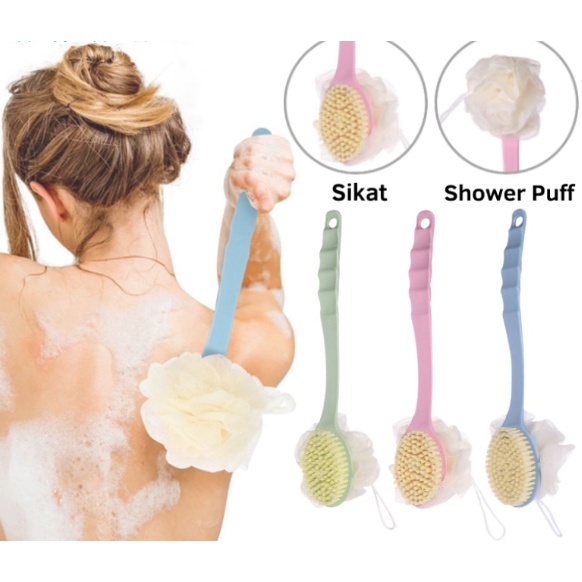 BAJ Sikat Punggung Shower Puff 2in1 Alat Bantu Pembersih Penggosok Badan 2 Sisi Body Brush + Spons Double Side Long Handle Tongkat Mandi Gagang Panjang Serbaguna Sponge Spon Busa Sabun PR114