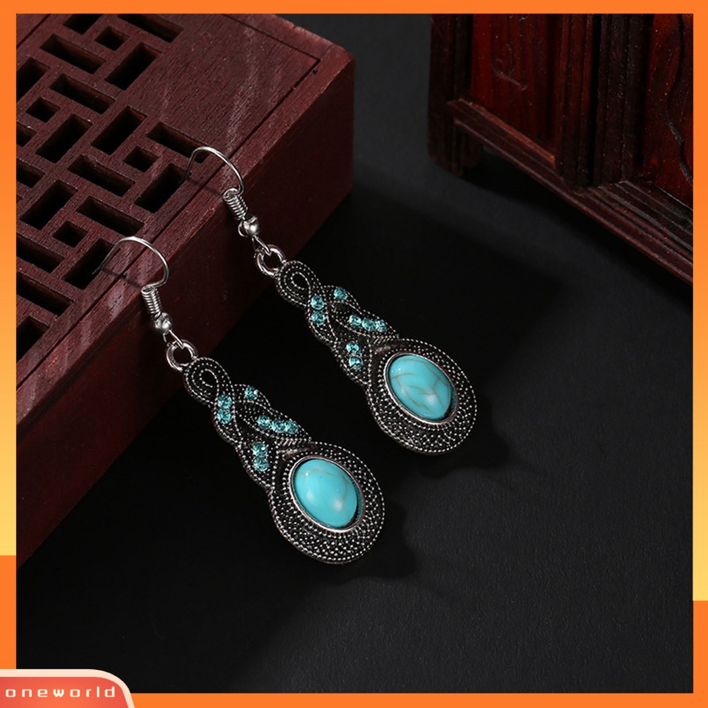 [oneworld] 1set Wanita Kalung Anting Faux Turquoise Vintage Jewelry Set Perhiasan Berkilau Electroplating Untuk Pesta