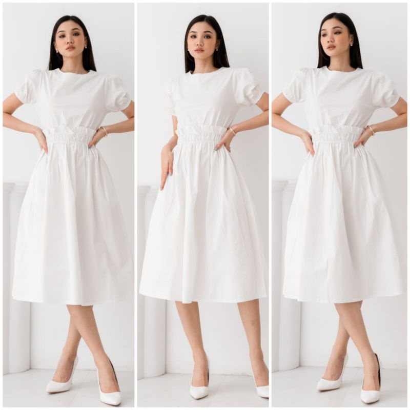 ❣ SPECIAL PRICE ♡ PREMIUM ♡ ORIGINAL ! RAFAELLA VINTAGE PLAIN RAMPLE WAIST RUFFLE FLARE MIDI  DRESS