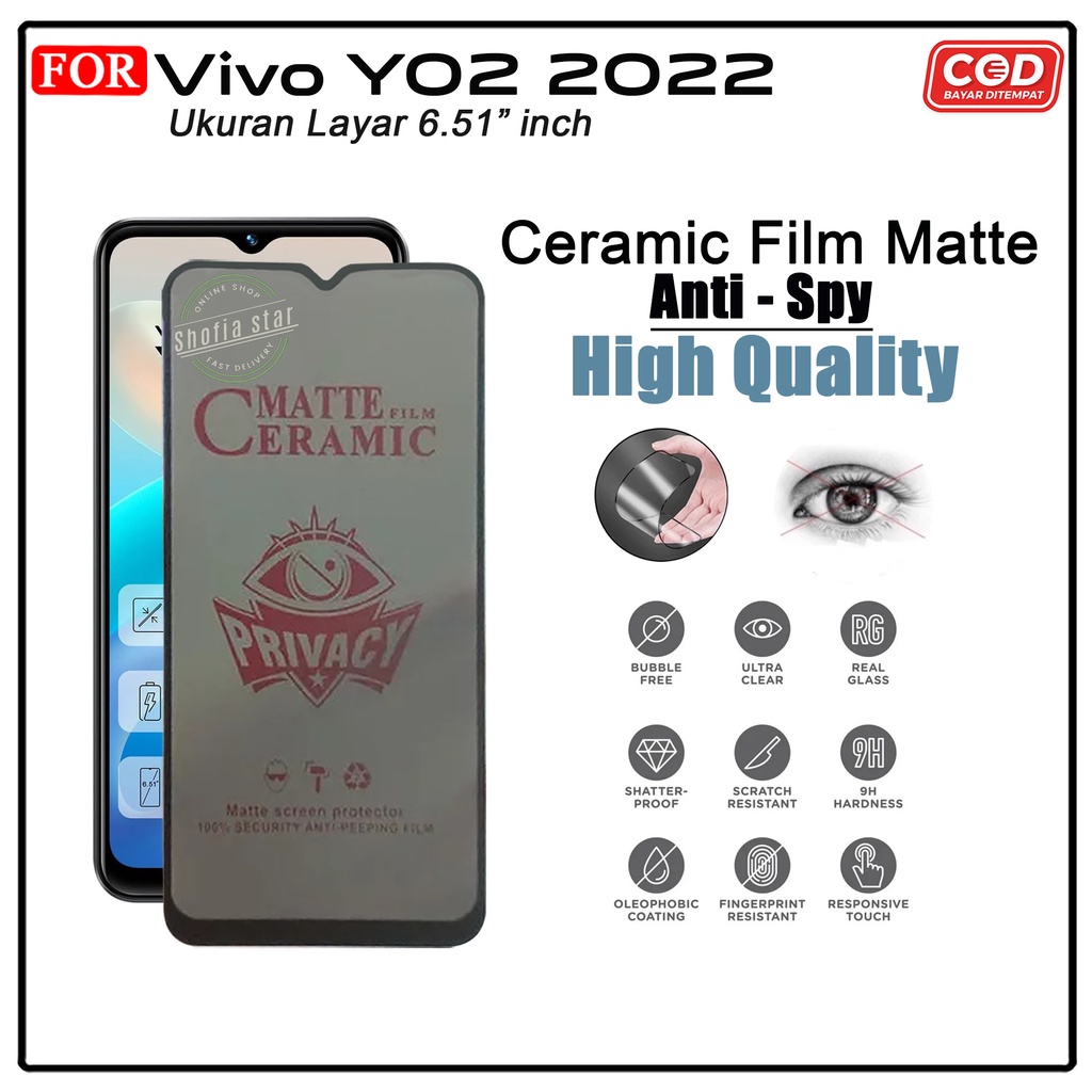 Promo Tempered Glass Ceramic Privacy Vivo Y02 2022 Y01 Y12 Y91 Y30 Y50 Y20 Y15s Anti Gores Anti Spy Full Layar