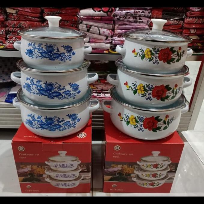 E.Baystore - Set Panci Enamel 3 Pcs Motif Kembang Anti Lengket Panci Susun Bonus Packing Aman
