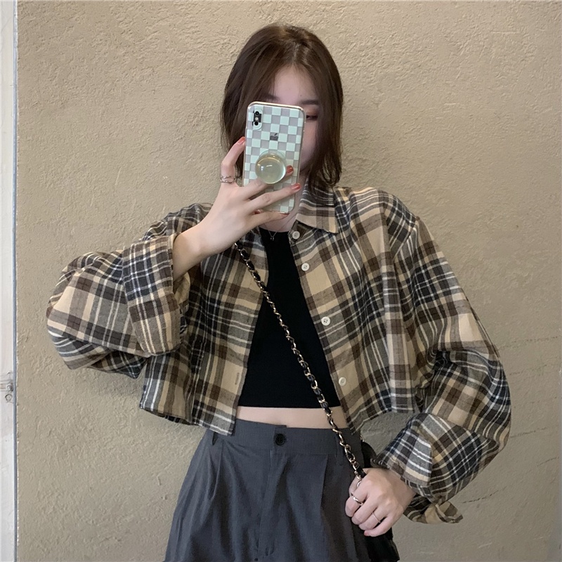 YAOSHI-kemeja oversize wanita polos -kemeja crop kotak wanita  -crop top jennie