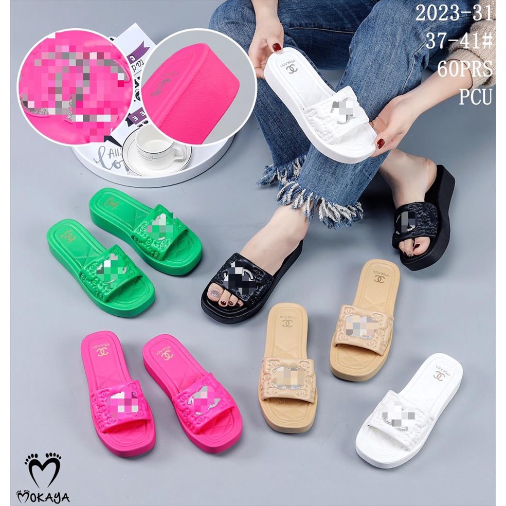 Sandal Slop Wanita Ban C* Glitter Platform Tebal Super Cantik Mewah Elegant Import Mokaya / Size 37-41 (2023-31)