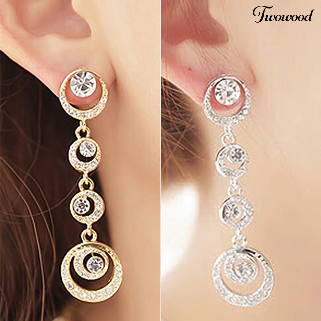 Twowood Stud Earrings Lingkaran Menjuntai Mempesona Berlian Imitasi Wanita Panjang Drop Ear Studs Perhiasan Untuk Pernikahan